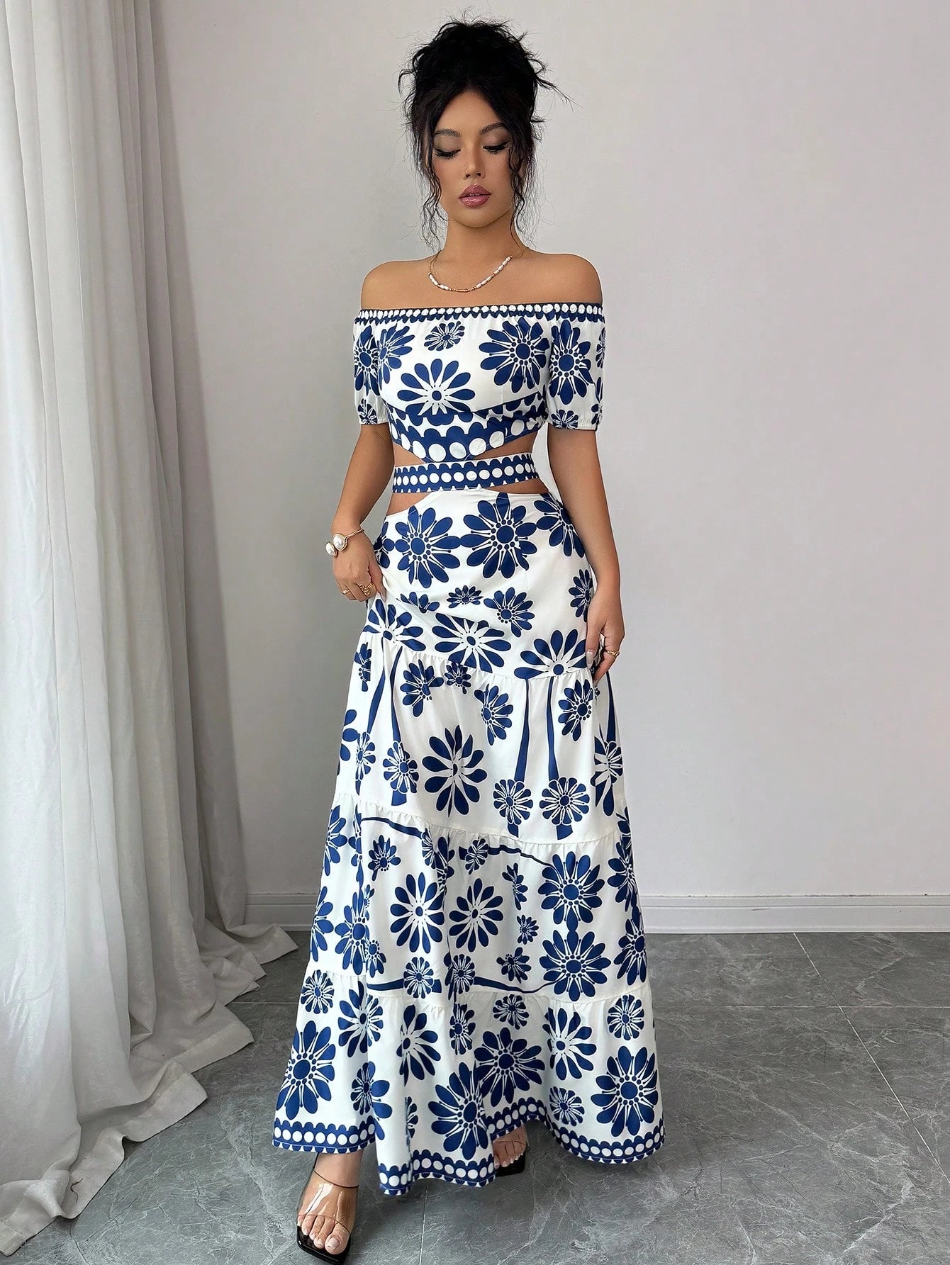 Elenzga Women's Floral Print Off-Shoulder Short Sleeve Hollow Waist Fashion Dress