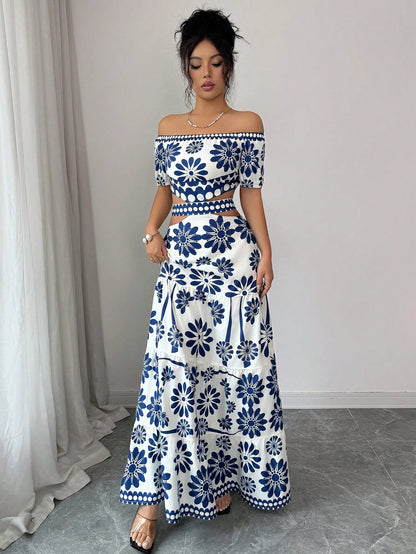 Elenzga Women's Floral Print Off-Shoulder Short Sleeve Hollow Waist Fashion Dress