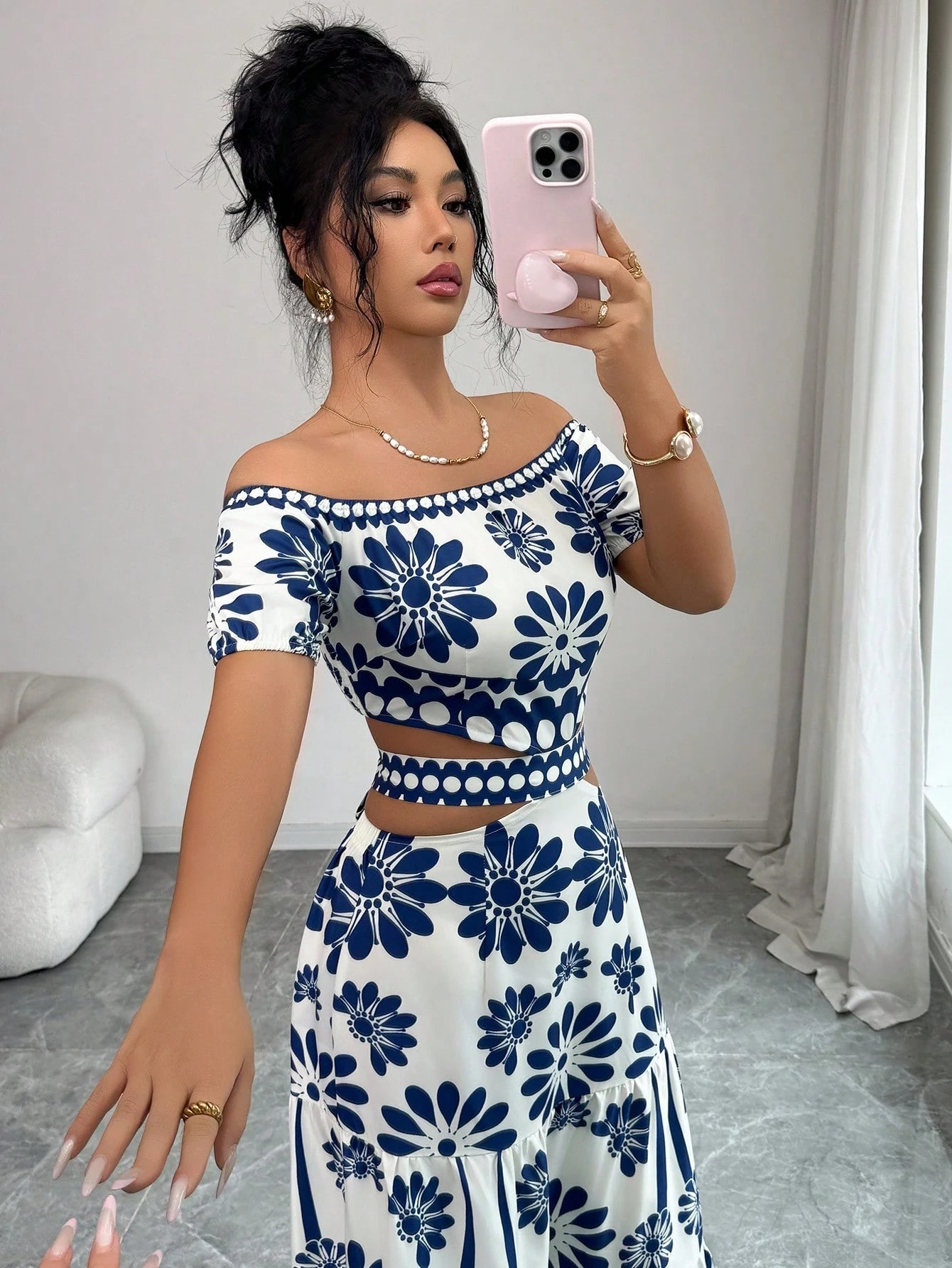 Elenzga Women's Floral Print Off-Shoulder Short Sleeve Hollow Waist Fashion Dress