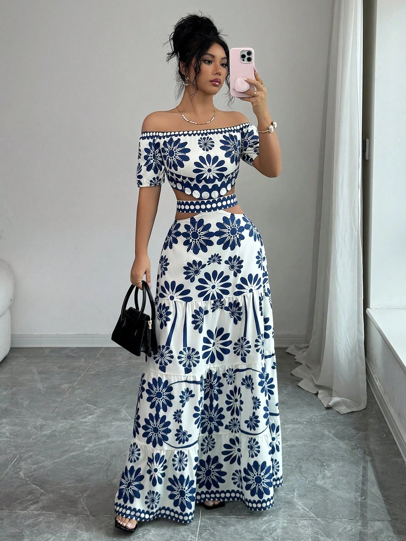 Elenzga Women's Floral Print Off-Shoulder Short Sleeve Hollow Waist Fashion Dress