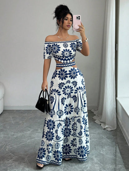 Elenzga Women's Floral Print Off-Shoulder Short Sleeve Hollow Waist Fashion Dress