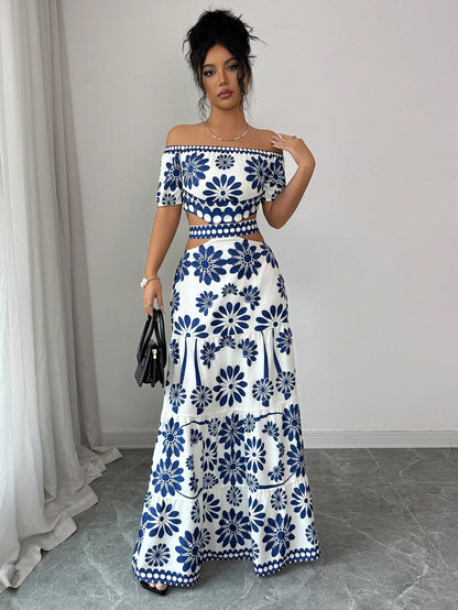 Elenzga Women's Floral Print Off-Shoulder Short Sleeve Hollow Waist Fashion Dress