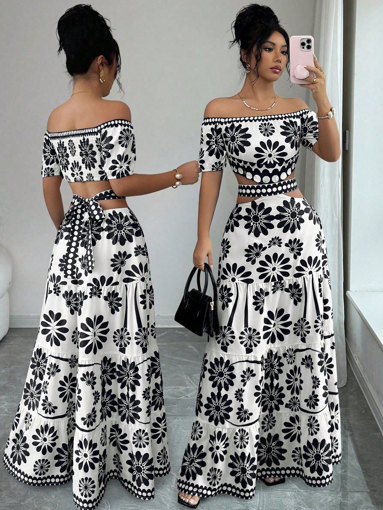 Elenzga Women's Floral Print Off-Shoulder Short Sleeve Hollow Waist Fashion Dress