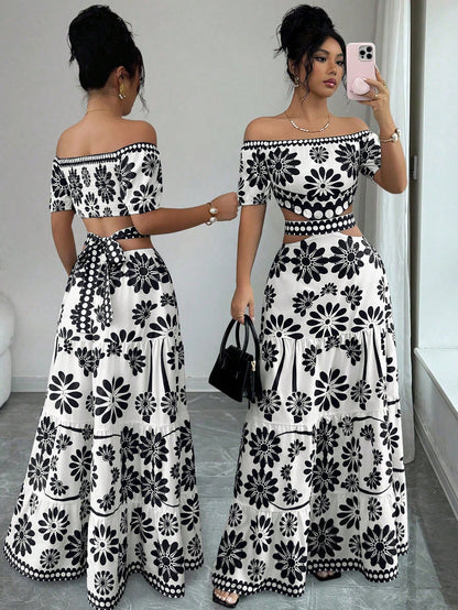 Elenzga Women's Floral Print Off-Shoulder Short Sleeve Hollow Waist Fashion Dress