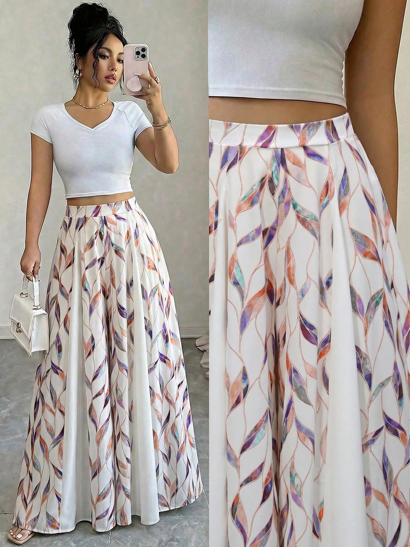 Elenzga Women's Spring/Summer Elegant Streetwear Vacation Commute Printed Patchwork A-Line Skorts Long Pants