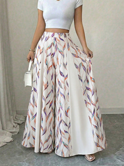 Elenzga Women's Spring/Summer Elegant Streetwear Vacation Commute Printed Patchwork A-Line Skorts Long Pants