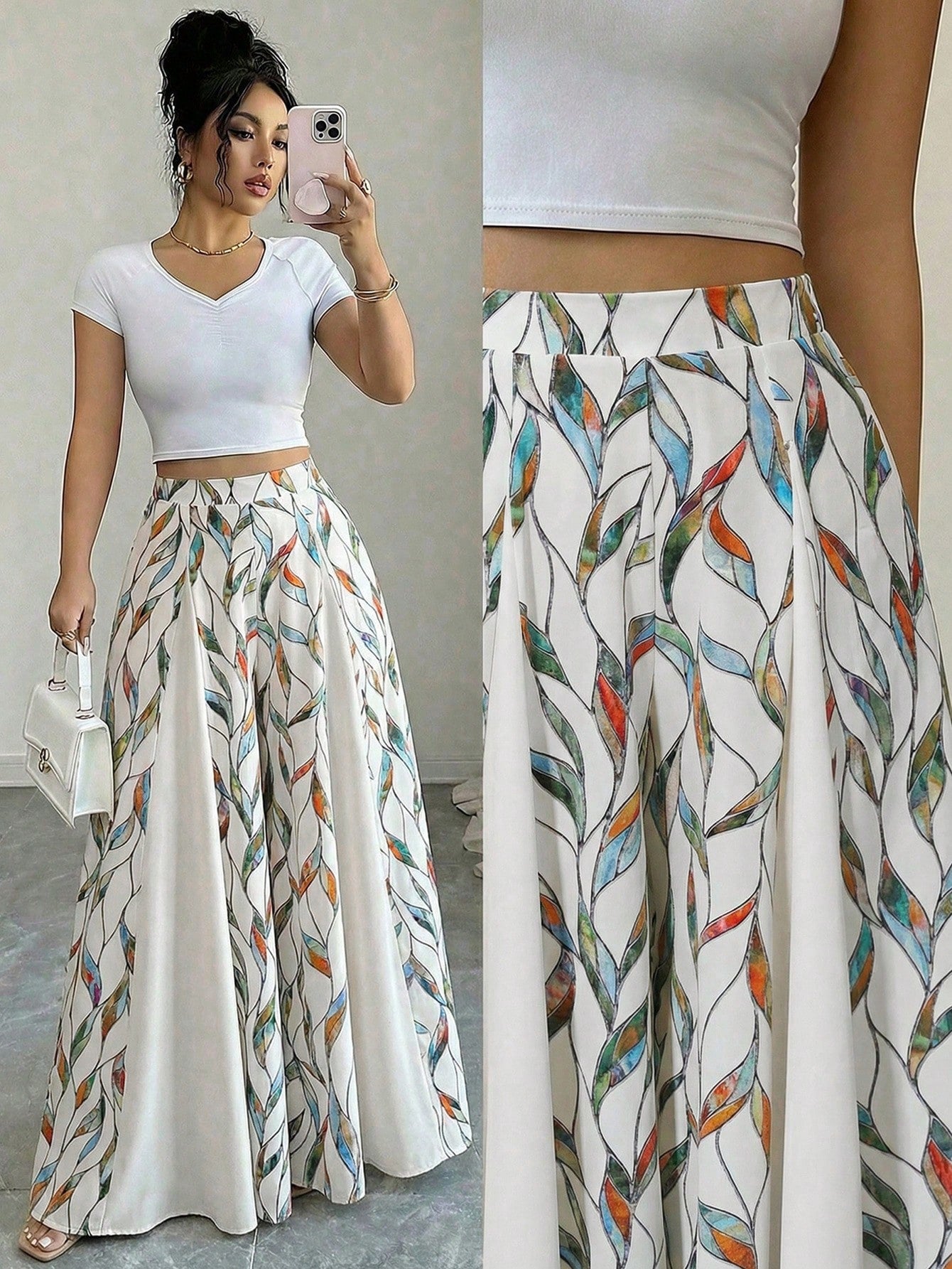 Elenzga Women's Spring/Summer Elegant Streetwear Vacation Commute Printed Patchwork A-Line Skorts Long Pants