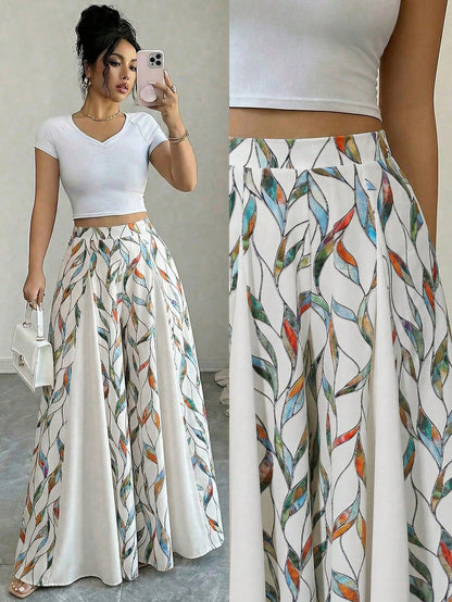Elenzga Women's Spring/Summer Elegant Streetwear Vacation Commute Printed Patchwork A-Line Skorts Long Pants