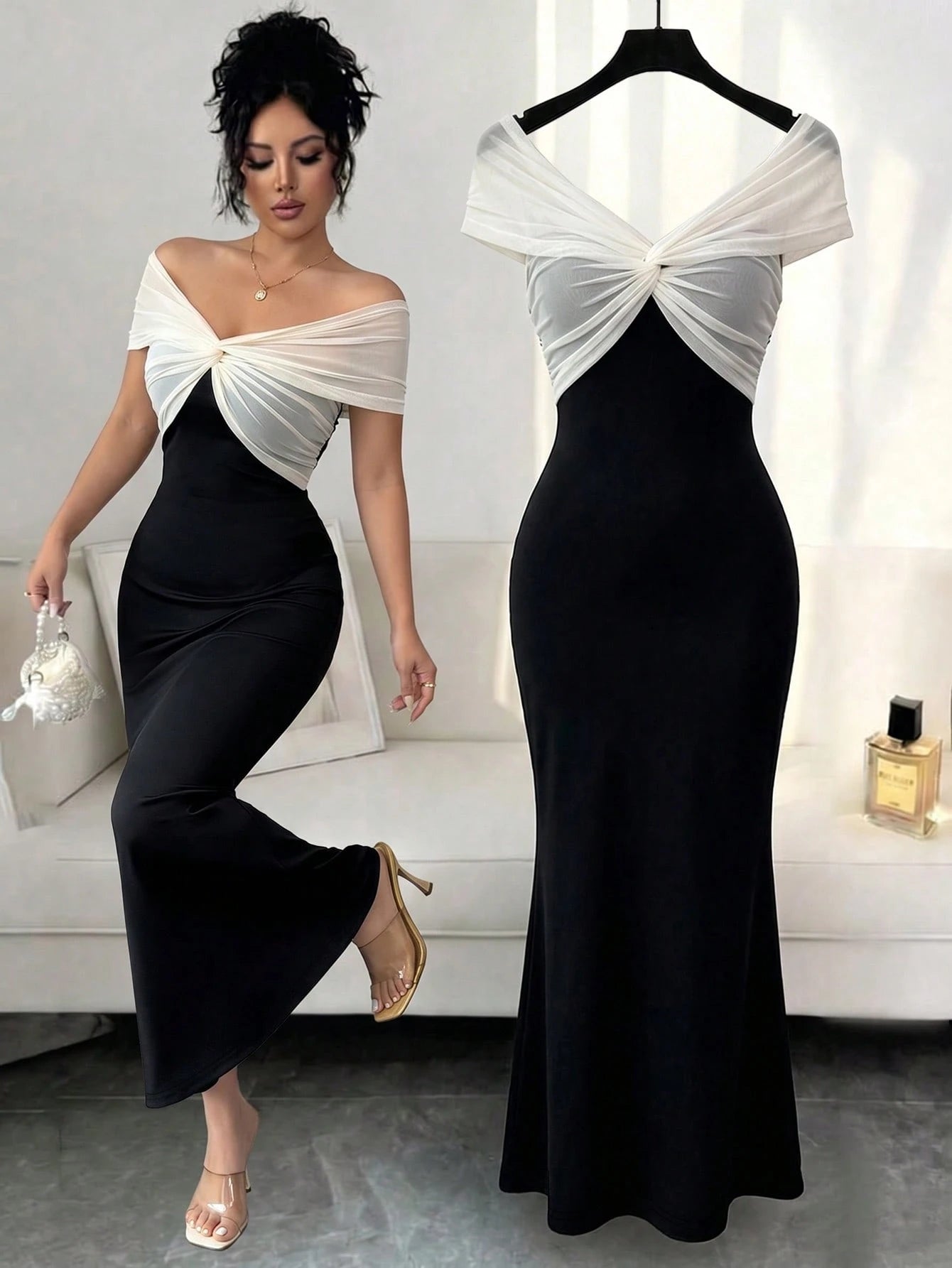 Elenzga Women's Summer New Off-Shoulder Mesh Patchwork Bodycon Mermaid Elegant Dress