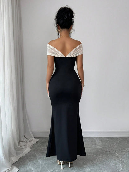 Elenzga Women's Summer New Off-Shoulder Mesh Patchwork Bodycon Mermaid Elegant Dress