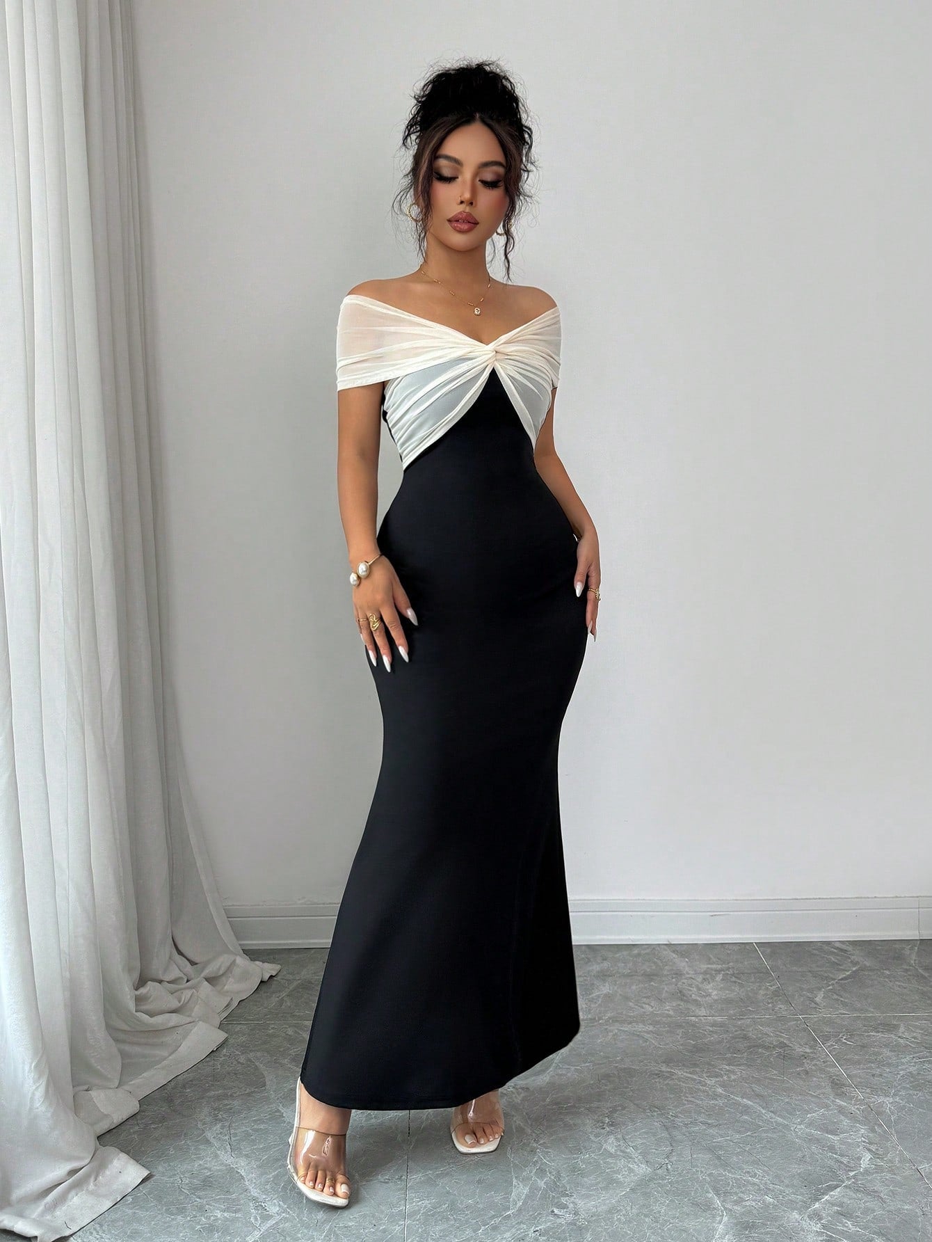 Elenzga Women's Summer New Off-Shoulder Mesh Patchwork Bodycon Mermaid Elegant Dress