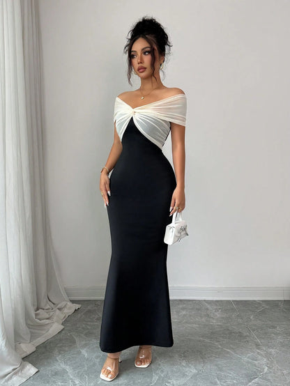 Elenzga Women's Summer New Off-Shoulder Mesh Patchwork Bodycon Mermaid Elegant Dress