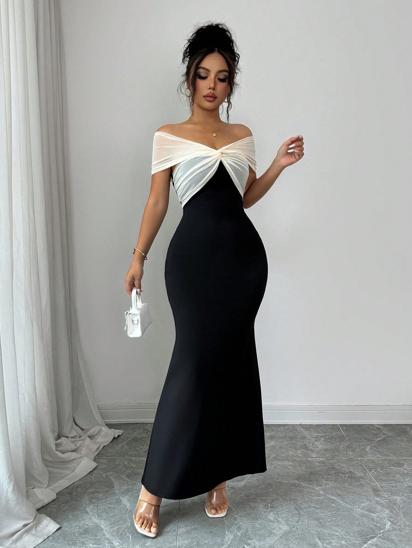 Elenzga Women's Summer New Off-Shoulder Mesh Patchwork Bodycon Mermaid Elegant Dress