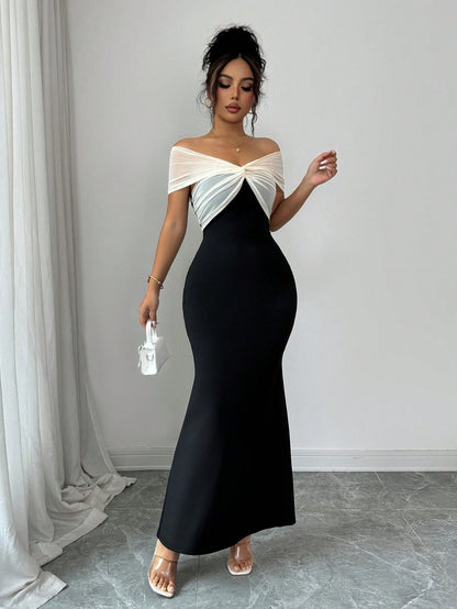Elenzga Women's Summer New Off-Shoulder Mesh Patchwork Bodycon Mermaid Elegant Dress