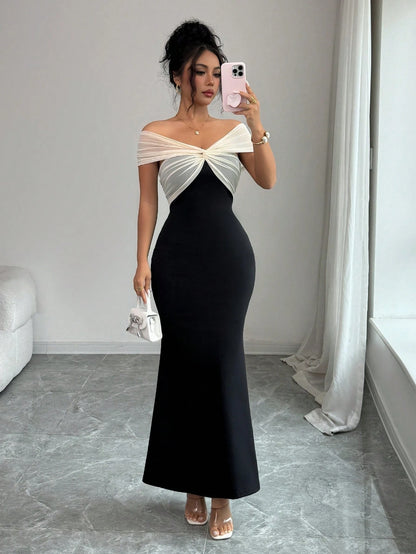 Elenzga Women's Summer New Off-Shoulder Mesh Patchwork Bodycon Mermaid Elegant Dress