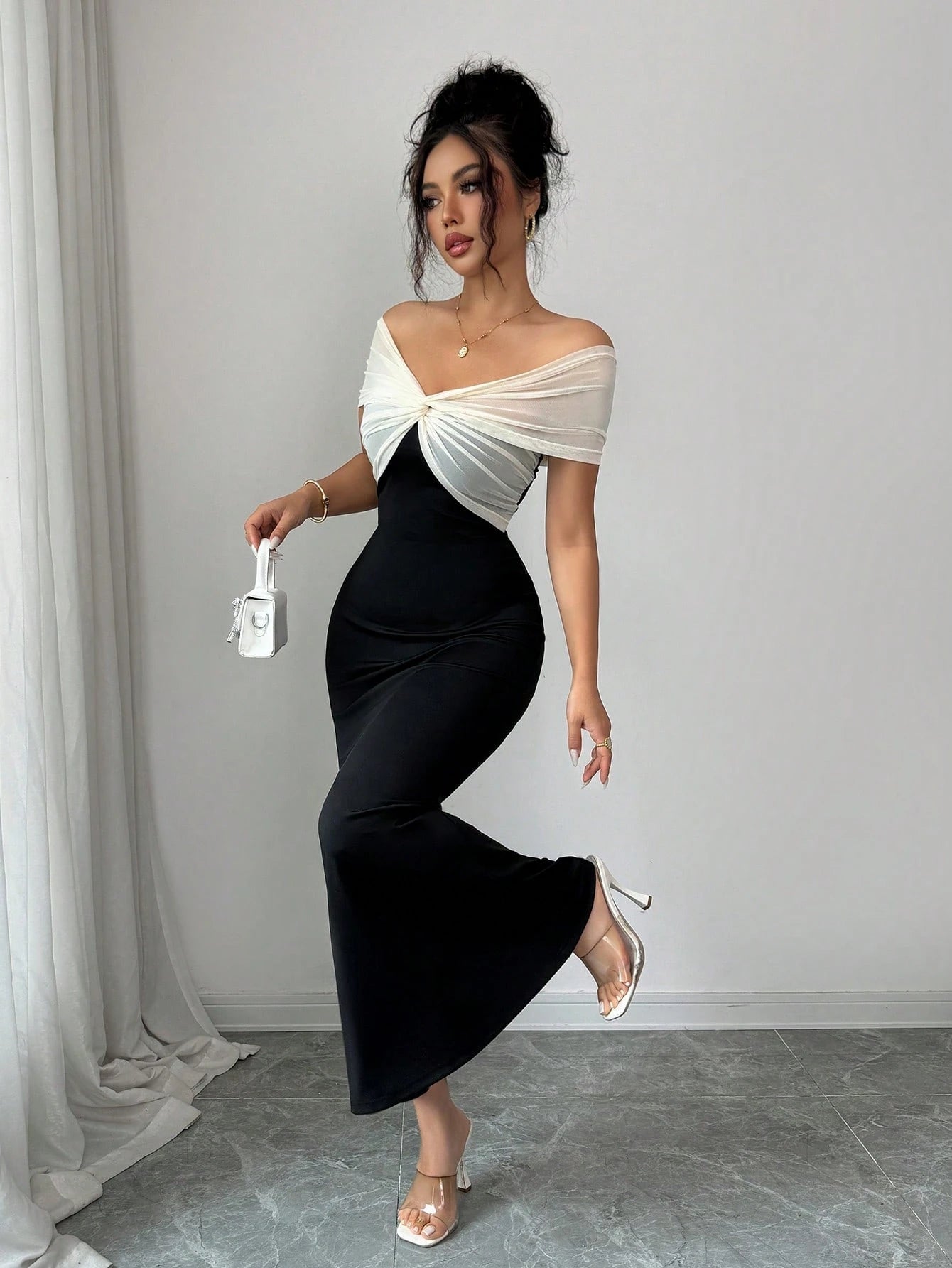 Elenzga Women's Summer New Off-Shoulder Mesh Patchwork Bodycon Mermaid Elegant Dress