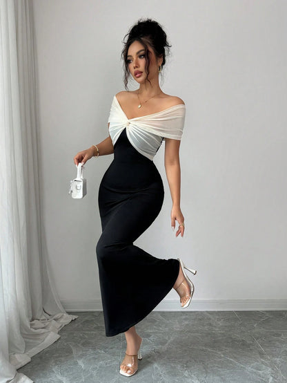 Elenzga Women's Summer New Off-Shoulder Mesh Patchwork Bodycon Mermaid Elegant Dress