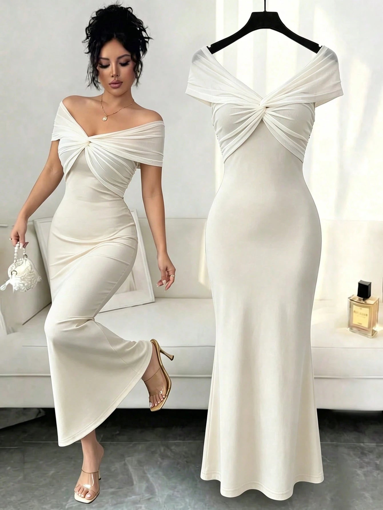Elenzga Women's Summer New Off-Shoulder Mesh Patchwork Bodycon Mermaid Elegant Dress