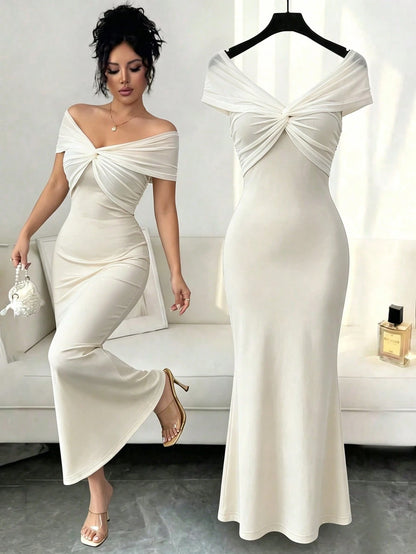 Elenzga Women's Summer New Off-Shoulder Mesh Patchwork Bodycon Mermaid Elegant Dress