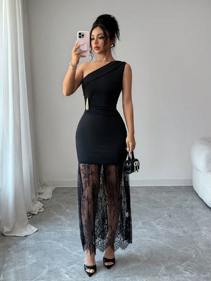 Elenzya Women's Knit One Shoulder Dress, Lace Hem Maxi Bodycon Dress With Ruched Waist & Metal Accent, Elegant Office & Night Out Outfit