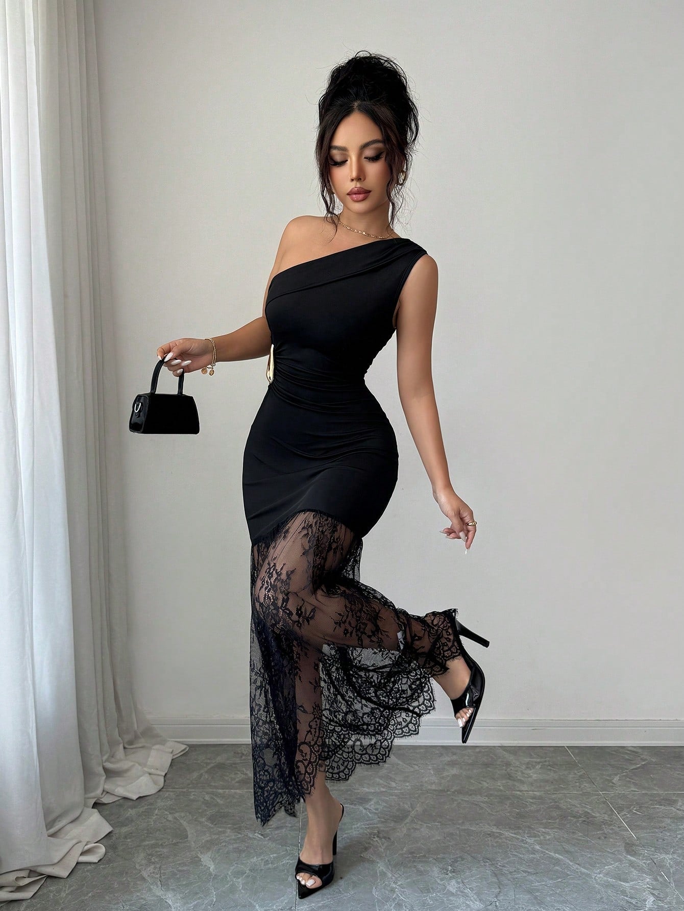 Elenzya Women's Knit One Shoulder Dress, Lace Hem Maxi Bodycon Dress With Ruched Waist & Metal Accent, Elegant Office & Night Out Outfit
