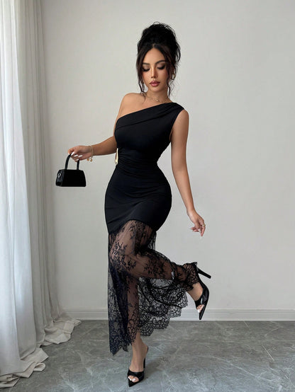 Elenzya Women's Knit One Shoulder Dress, Lace Hem Maxi Bodycon Dress With Ruched Waist & Metal Accent, Elegant Office & Night Out Outfit