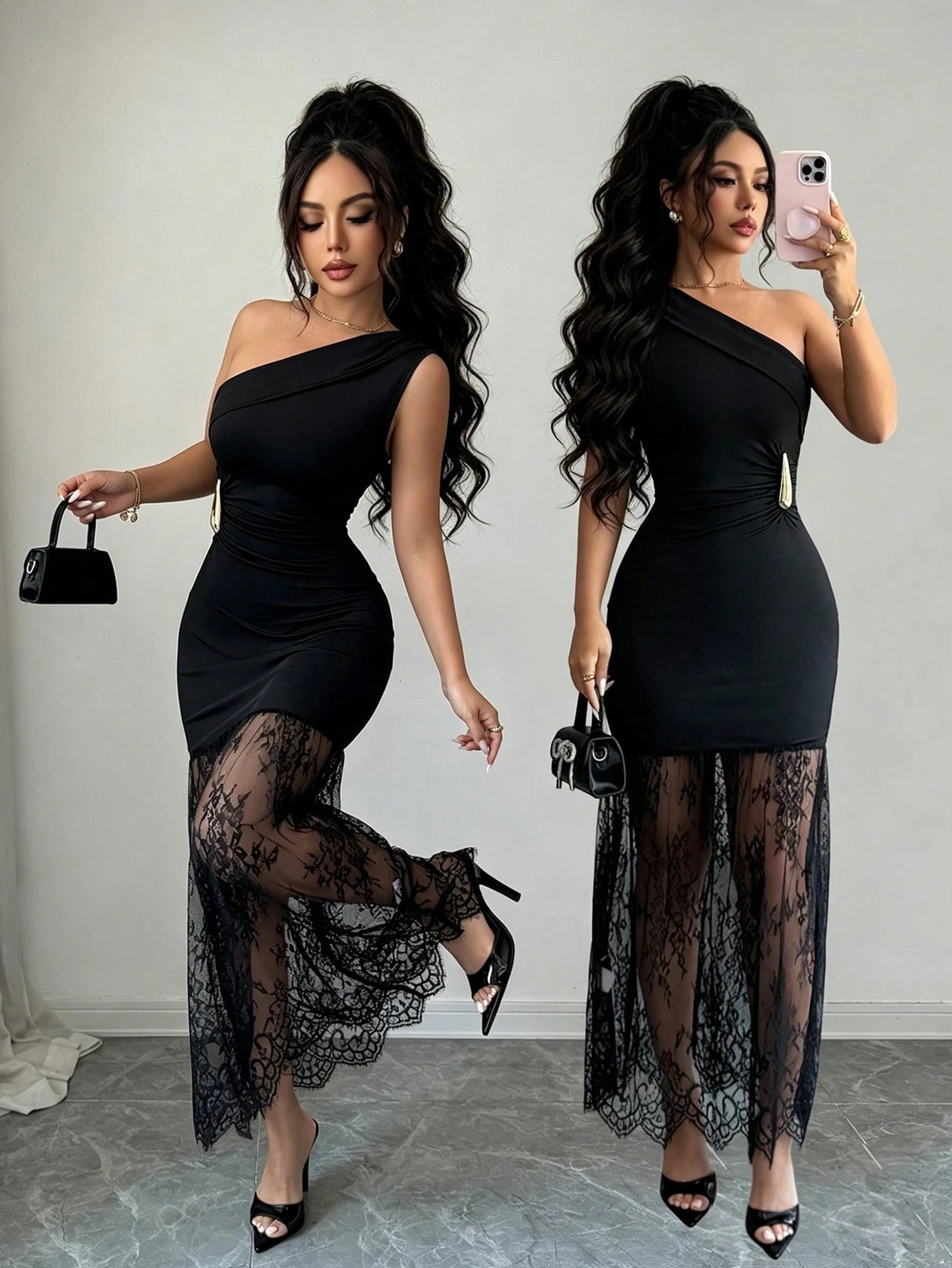 Elenzya Women's Knit One Shoulder Dress, Lace Hem Maxi Bodycon Dress With Ruched Waist & Metal Accent, Elegant Office & Night Out Outfit