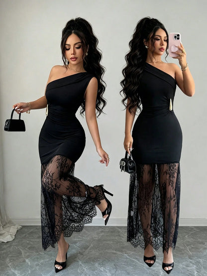 Elenzya Women's Knit One Shoulder Dress, Lace Hem Maxi Bodycon Dress With Ruched Waist & Metal Accent, Elegant Office & Night Out Outfit
