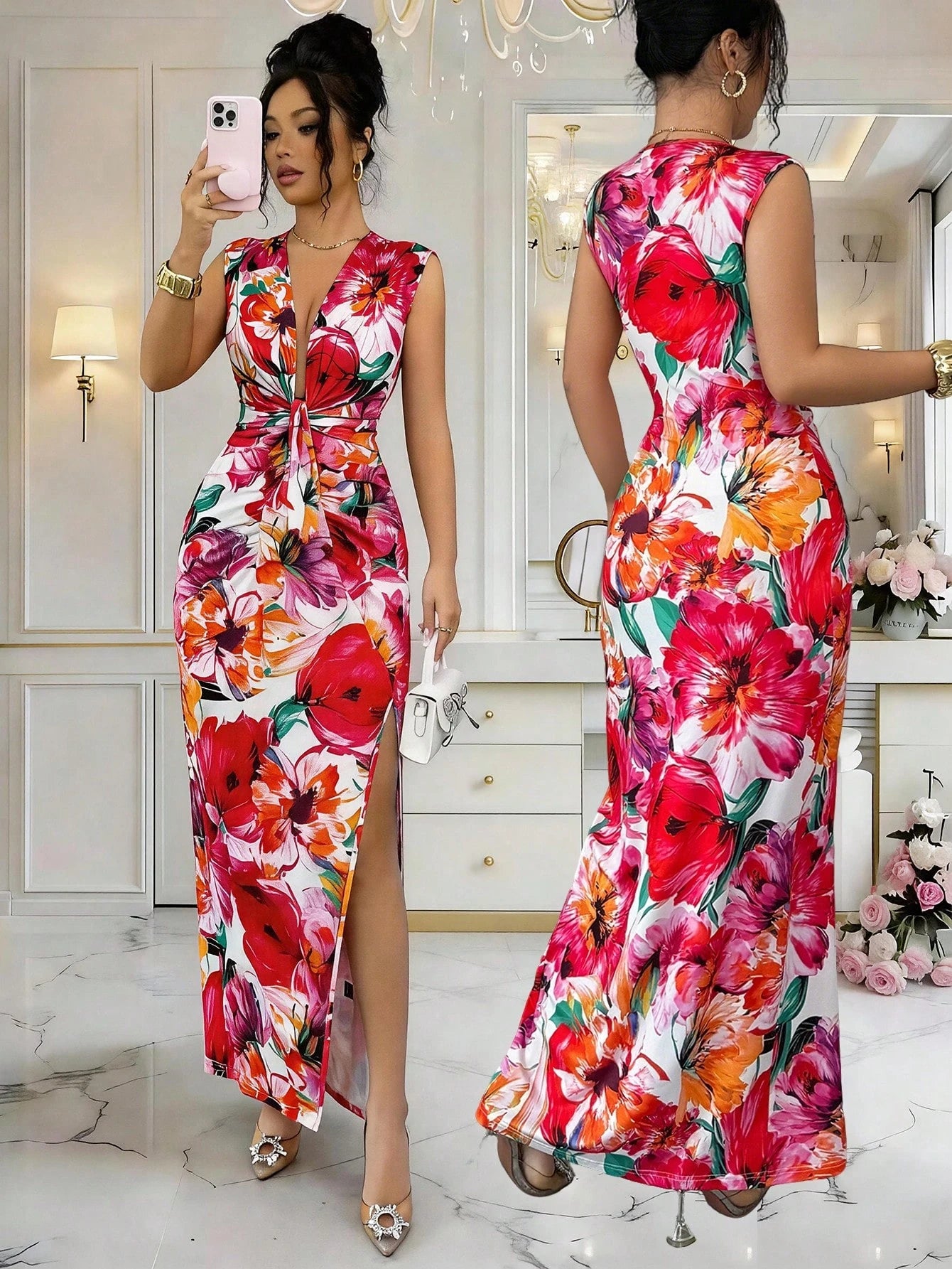 Elenzya Women's White Floral Summer Boho Holiday Vacation Holiday V-Neck Ruffle Hem Slit A-Line Dress,Waist Cinched Design, Fashionable French Midi Dress