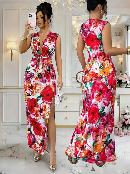 Elenzya Women's White Floral Summer Boho Holiday Vacation Holiday V-Neck Ruffle Hem Slit A-Line Dress,Waist Cinched Design, Fashionable French Midi Dress