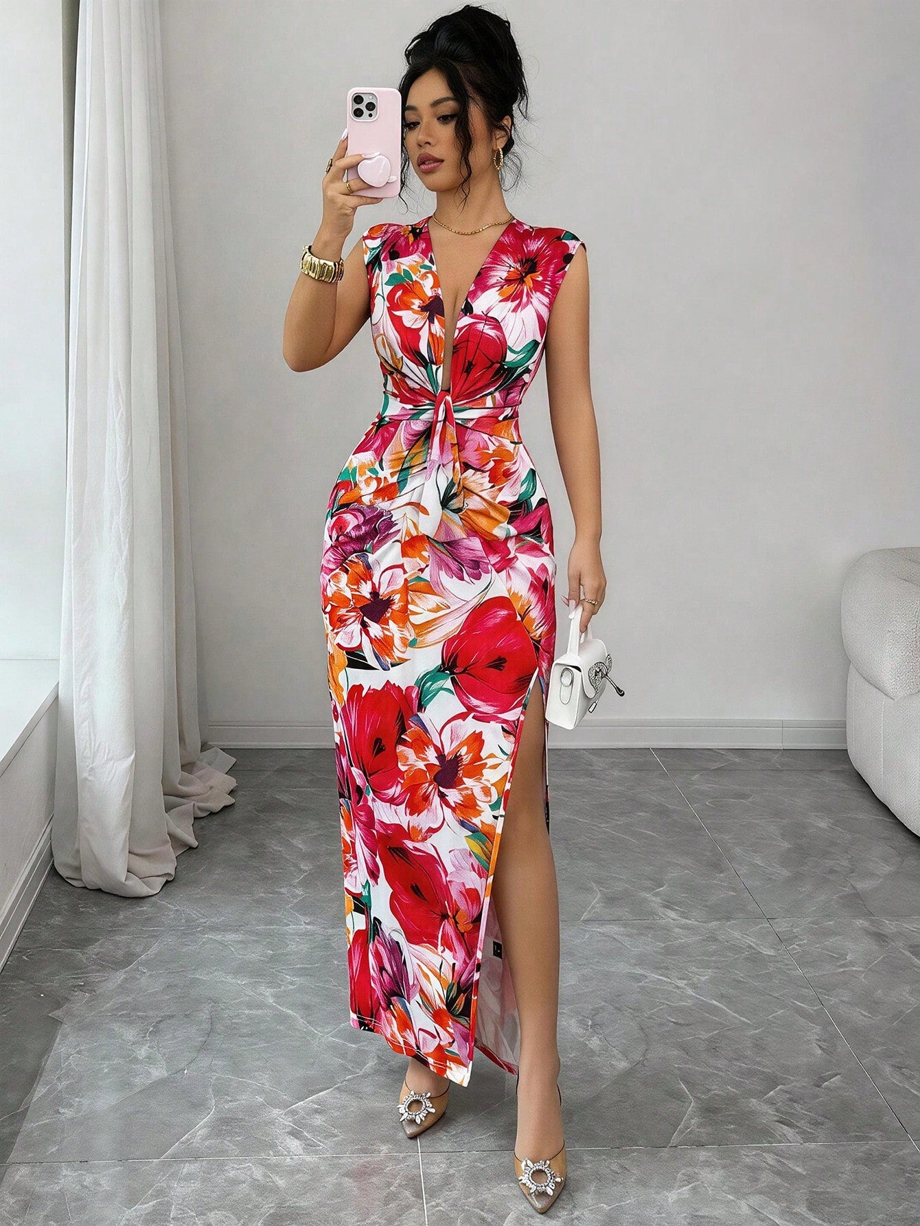 Elenzya Women's White Floral Summer Boho Holiday Vacation Holiday V-Neck Ruffle Hem Slit A-Line Dress,Waist Cinched Design, Fashionable French Midi Dress