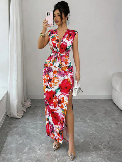 Elenzya Women's White Floral Summer Boho Holiday Vacation Holiday V-Neck Ruffle Hem Slit A-Line Dress,Waist Cinched Design, Fashionable French Midi Dress