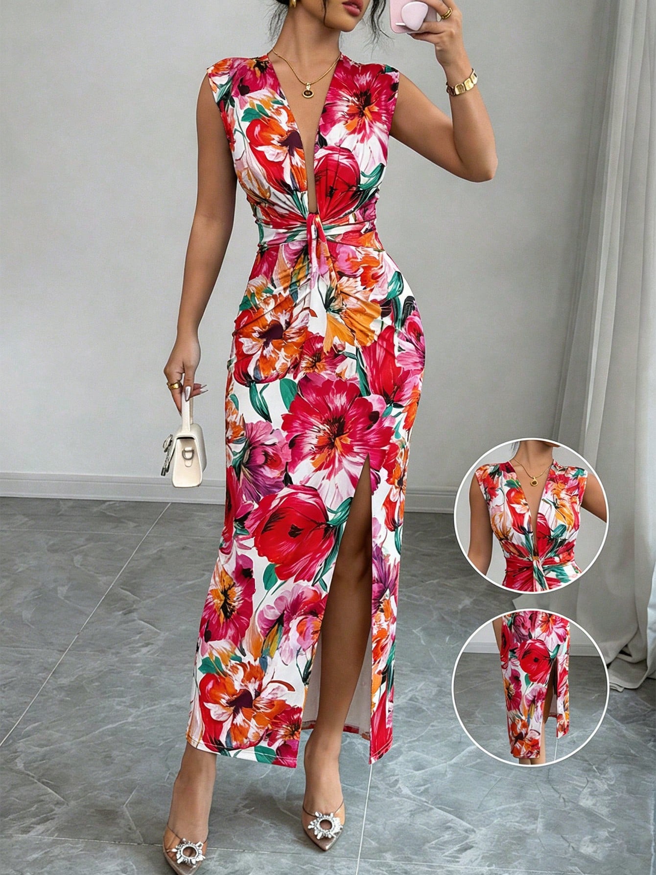 Elenzya Women's White Floral Summer Boho Holiday Vacation Holiday V-Neck Ruffle Hem Slit A-Line Dress,Waist Cinched Design, Fashionable French Midi Dress