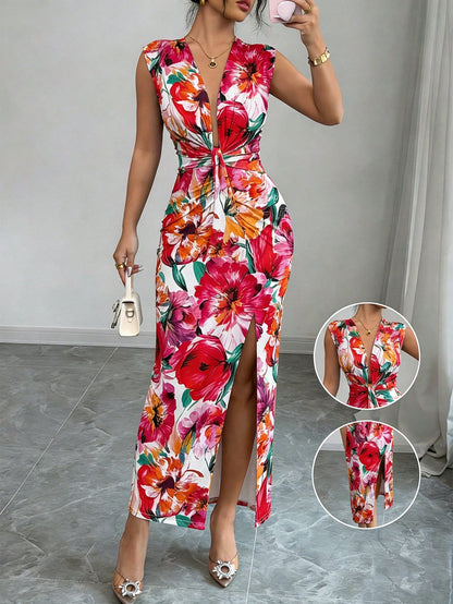 Elenzya Women's White Floral Summer Boho Holiday Vacation Holiday V-Neck Ruffle Hem Slit A-Line Dress,Waist Cinched Design, Fashionable French Midi Dress