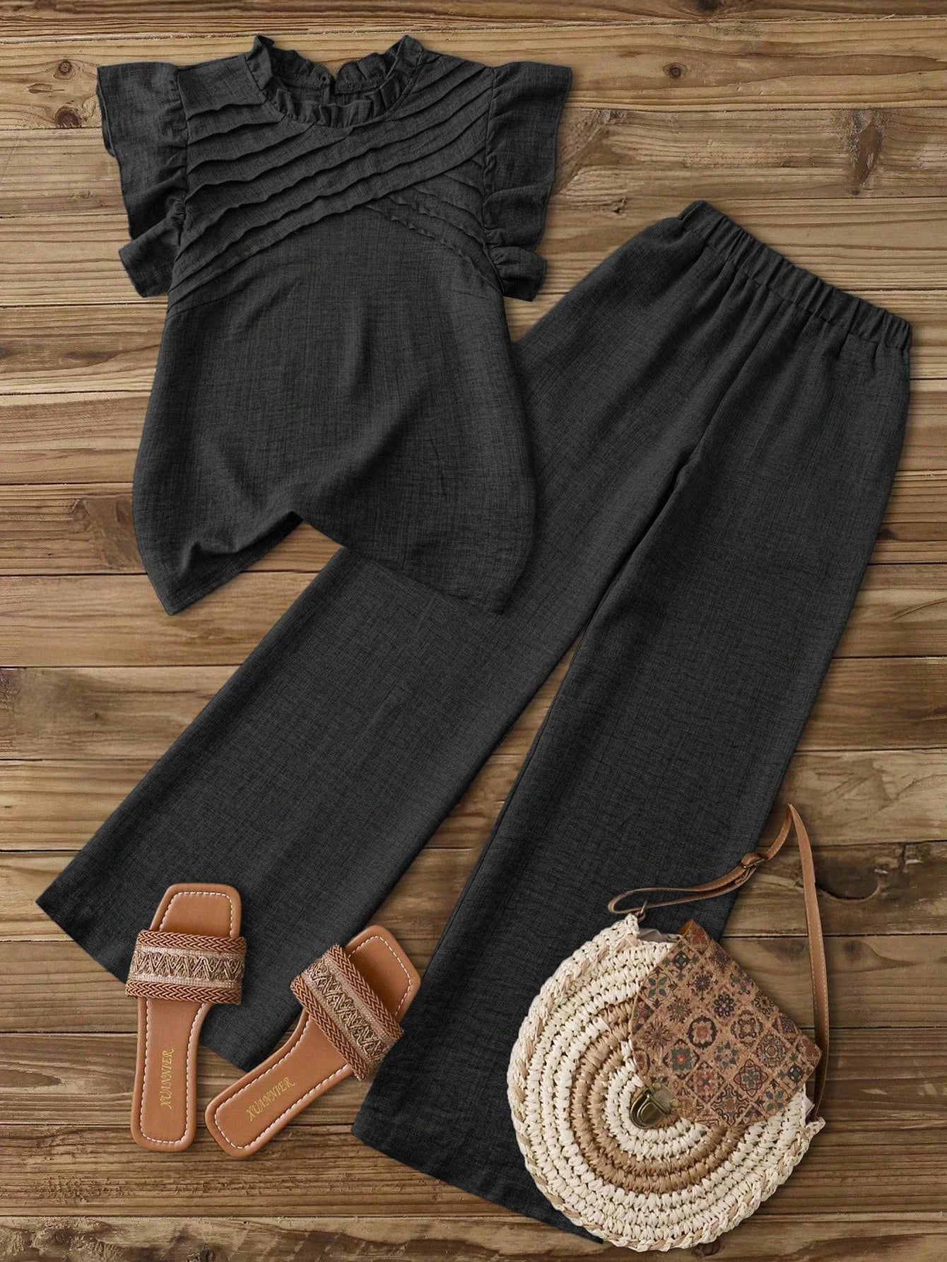 Elouméa Women Summer Boho Holiday Vacation Charcoal Gray Asymmetrical Ruched Cap Sleeve Ruffle Collar Blouse & Elastic Waist Straight Leg Pants Set,Holiday