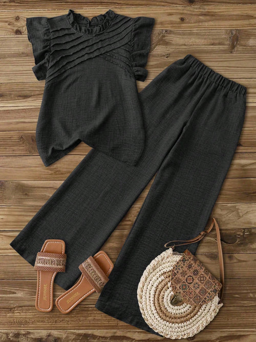 Elouméa Women Summer Boho Holiday Vacation Charcoal Gray Asymmetrical Ruched Cap Sleeve Ruffle Collar Blouse & Elastic Waist Straight Leg Pants Set,Holiday