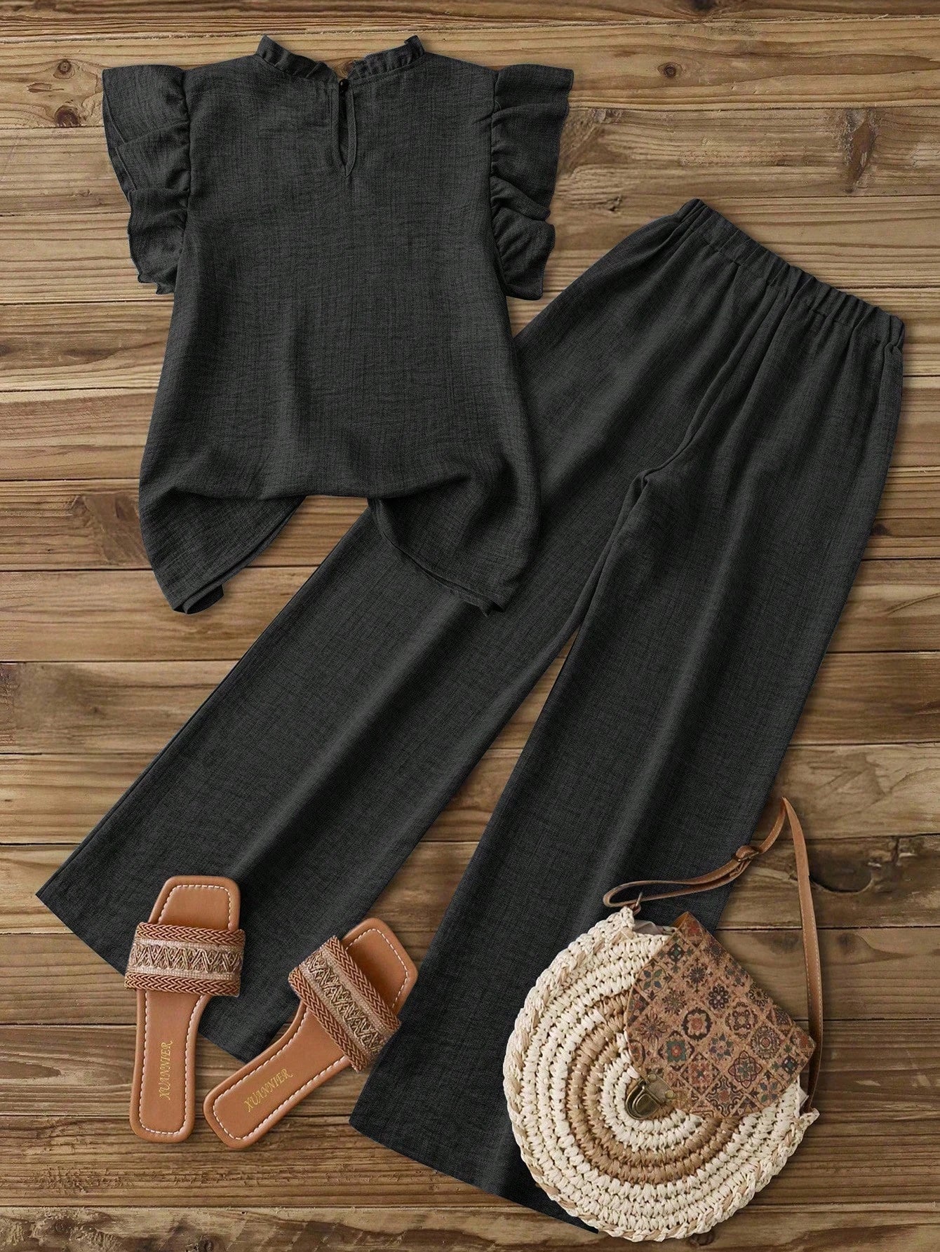 Elouméa Women Summer Boho Holiday Vacation Charcoal Gray Asymmetrical Ruched Cap Sleeve Ruffle Collar Blouse & Elastic Waist Straight Leg Pants Set,Holiday