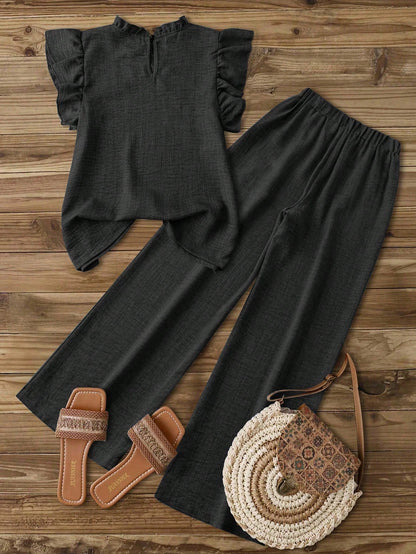 Elouméa Women Summer Boho Holiday Vacation Charcoal Gray Asymmetrical Ruched Cap Sleeve Ruffle Collar Blouse & Elastic Waist Straight Leg Pants Set,Holiday