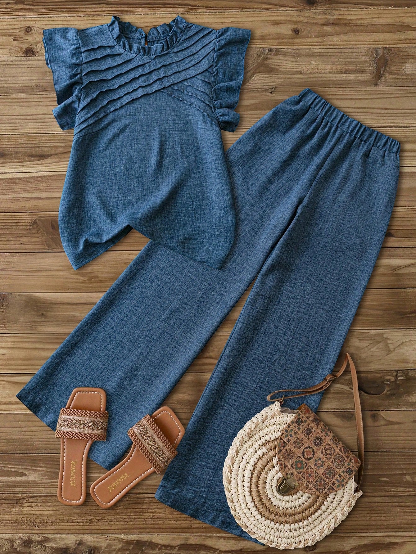 Elouméa Women Summer Boho Holiday Vacation Charcoal Gray Asymmetrical Ruched Cap Sleeve Ruffle Collar Blouse & Elastic Waist Straight Leg Pants Set,Holiday
