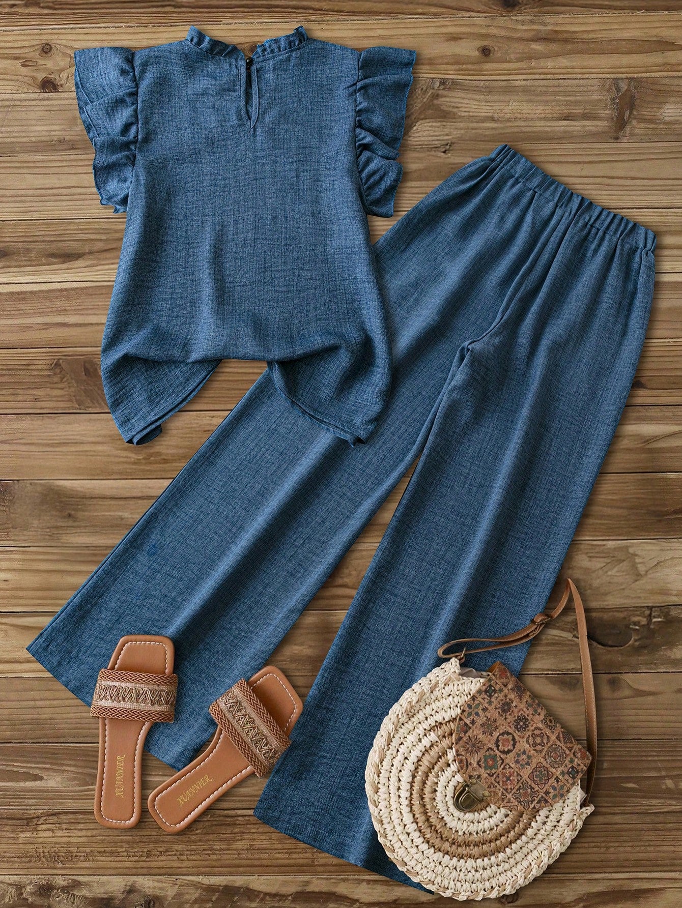 Elouméa Women Summer Boho Holiday Vacation Charcoal Gray Asymmetrical Ruched Cap Sleeve Ruffle Collar Blouse & Elastic Waist Straight Leg Pants Set,Holiday