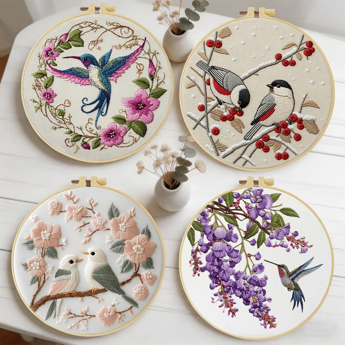 Embroidery Set, 20x20cm/7.9x7.9 Inches, Bird, 2D Flat Printing Handmade DIY Beginner Embroidery Set, Including Embroidery Cloth, Instruction Manual, Embroidery Frame And Needle And Thread, A Gift Hand