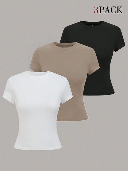 EMERY ROSE 4 Pack Plus Size Women's Summer Casual T-Shirt Tops,Yellow Solid Color Crew Neck Short Sleeve,Family Matching Party Office Work T-Shirts