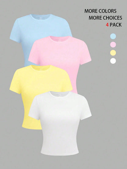 EMERY ROSE 4 Pack Plus Size Women's Summer Casual T-Shirt Tops,Yellow Solid Color Crew Neck Short Sleeve,Family Matching Party Office Work T-Shirts