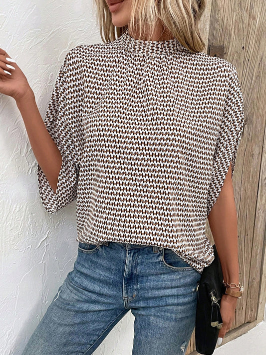 EMERY ROSE Allover Print Split Sleeve Mock Neck Blouse