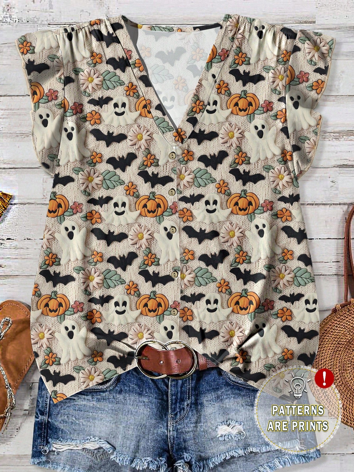 EMERY ROSE Beige,Autumn,Cute,Holiday Plus Size Women Halloween Pumpkin & Monster Print V-Neck Ruffle Trim Short Sleeve Blouse,Casual Bat Tops For Holiday Party
