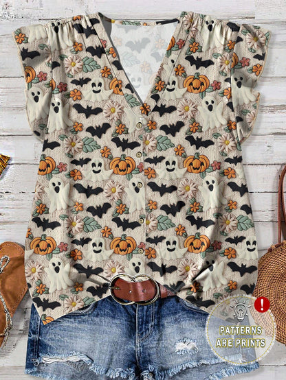 EMERY ROSE Beige,Autumn,Cute,Holiday Plus Size Women Halloween Pumpkin & Monster Print V-Neck Ruffle Trim Short Sleeve Blouse,Casual Bat Tops For Holiday Party