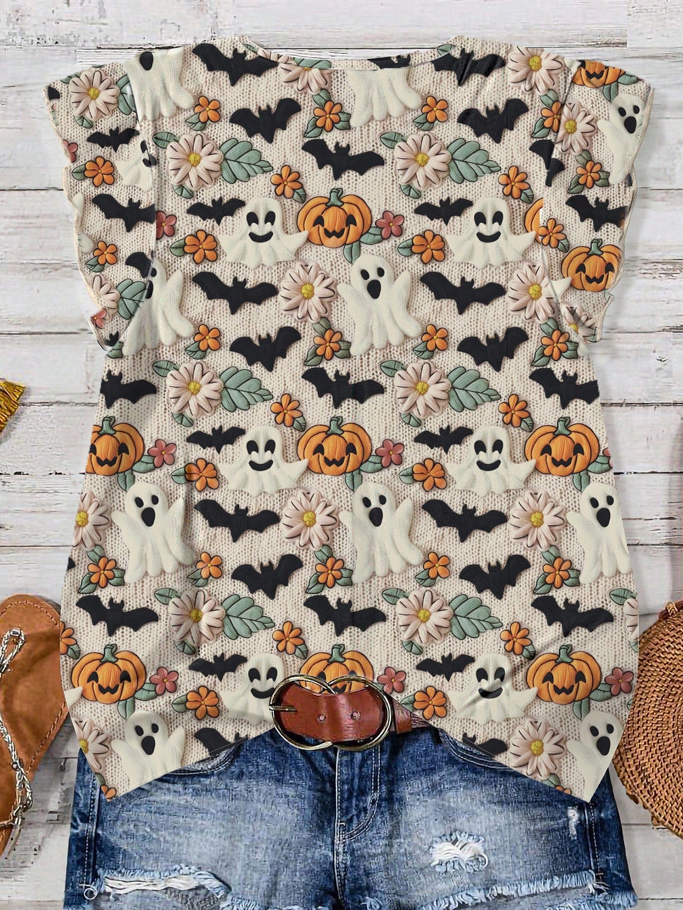EMERY ROSE Beige,Autumn,Cute,Holiday Plus Size Women Halloween Pumpkin & Monster Print V-Neck Ruffle Trim Short Sleeve Blouse,Casual Bat Tops For Holiday Party
