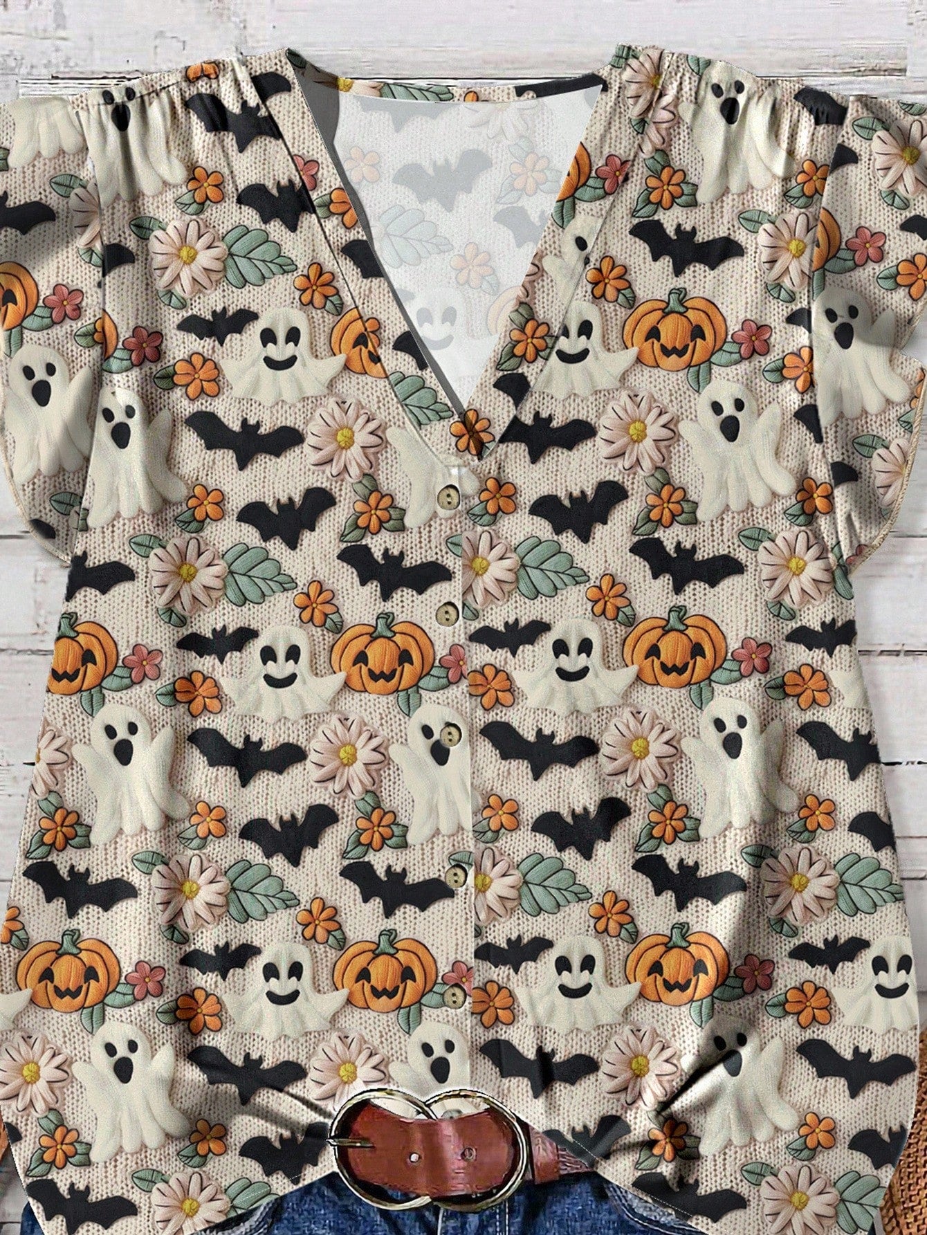 EMERY ROSE Beige,Autumn,Cute,Holiday Plus Size Women Halloween Pumpkin & Monster Print V-Neck Ruffle Trim Short Sleeve Blouse,Casual Bat Tops For Holiday Party