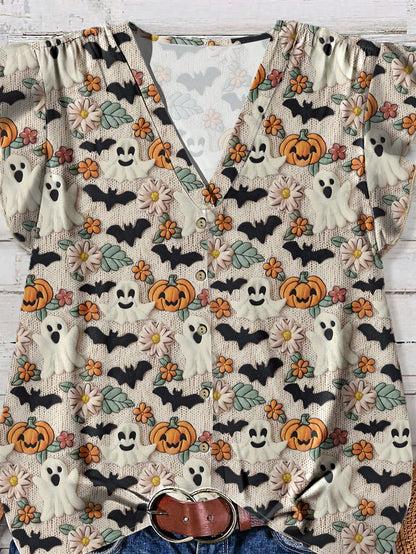 EMERY ROSE Beige,Autumn,Cute,Holiday Plus Size Women Halloween Pumpkin & Monster Print V-Neck Ruffle Trim Short Sleeve Blouse,Casual Bat Tops For Holiday Party