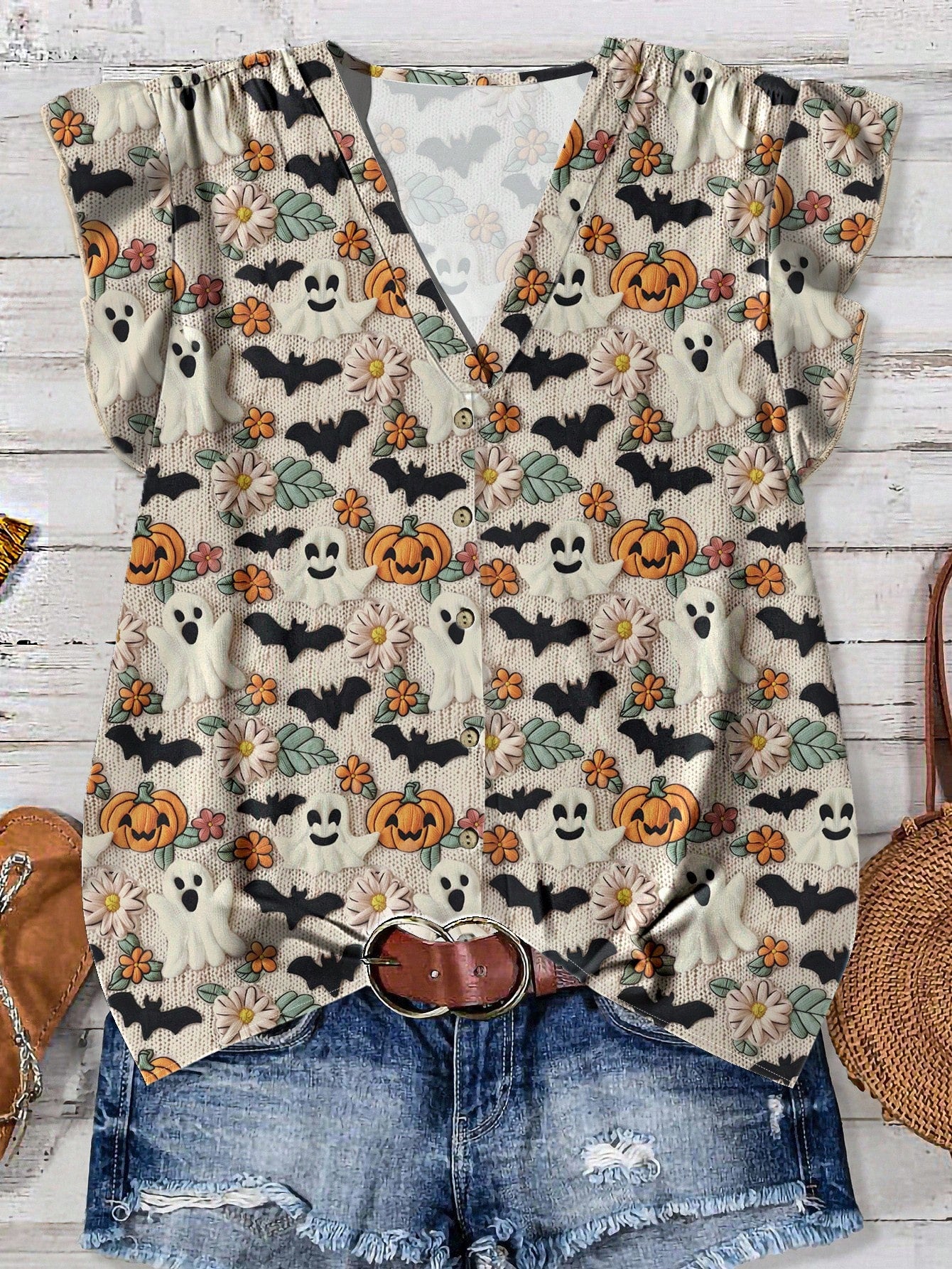 EMERY ROSE Beige,Autumn,Cute,Holiday Plus Size Women Halloween Pumpkin & Monster Print V-Neck Ruffle Trim Short Sleeve Blouse,Casual Bat Tops For Holiday Party